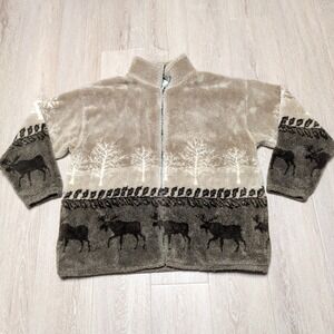 Vintage 90s Black Mountain Outdoor Sherpa Fleece Moose AOP Nature Jacket XL USA